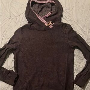 Cozy Brown Roxy Hooded Sweater with Patterned Trim